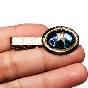 Blue Tie Clip Silver Tone Star 1.5" Vintage Unsigned Clear Rhinestone